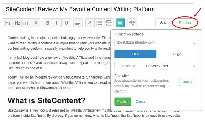 SiteContent - Publish Button